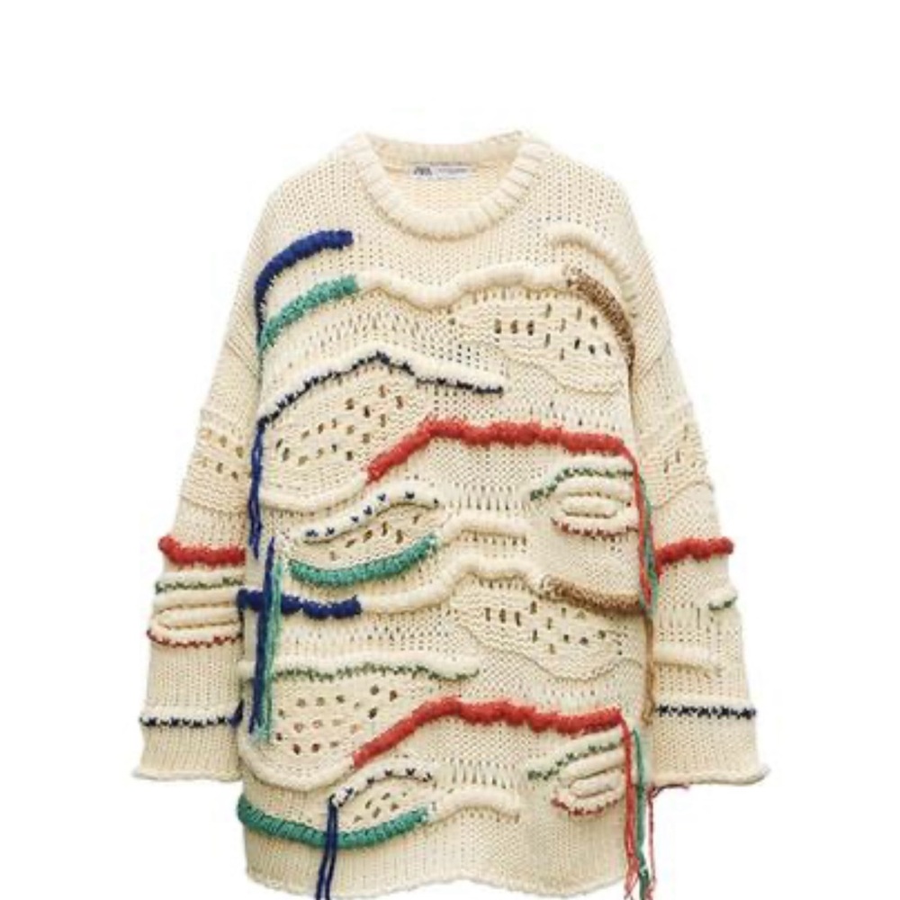 Zara Cream and Red Crew Neck Sweater with Textured Knit